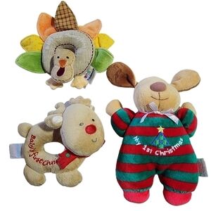 Baby's 1st Christmas & Thanksgiving rattle lot of 3 Reindeer Puppy Turkey